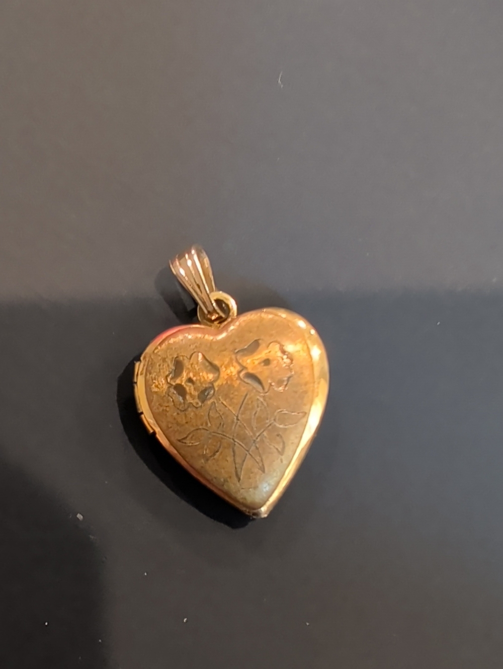 Gold Tone Heart Locket Pendant with Floral Engraving